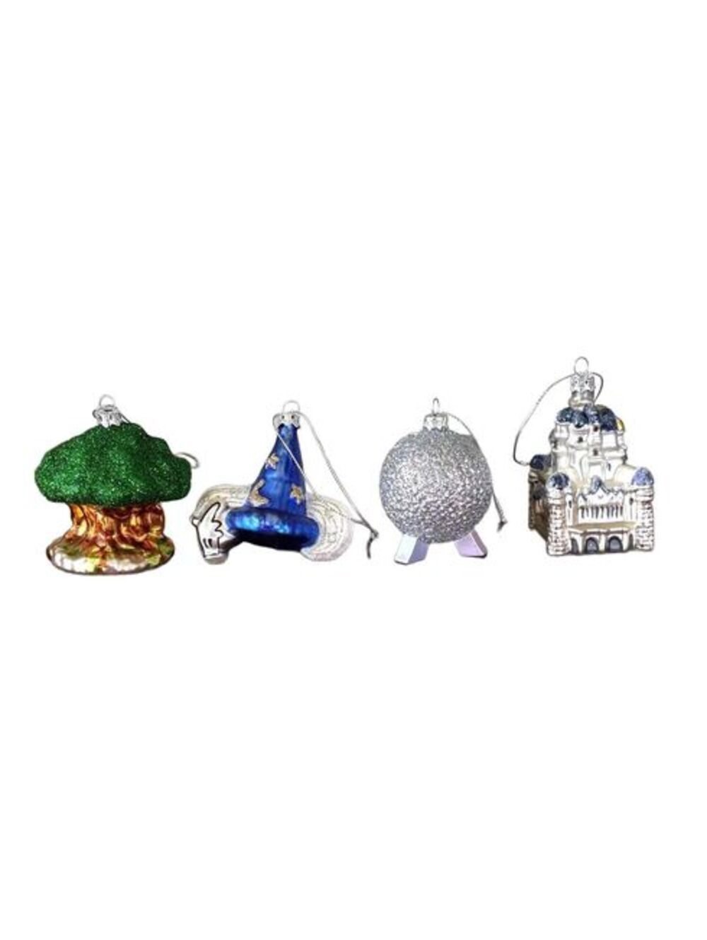 Disney World Four Parks Glass Ornament Set Tree Life Castle Epcot Sorcerer Hat